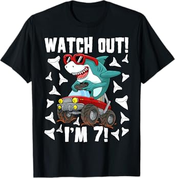 7 Years Old 7th Birthday Shark Boy Girl Monster Truck Gamer T-Shirt