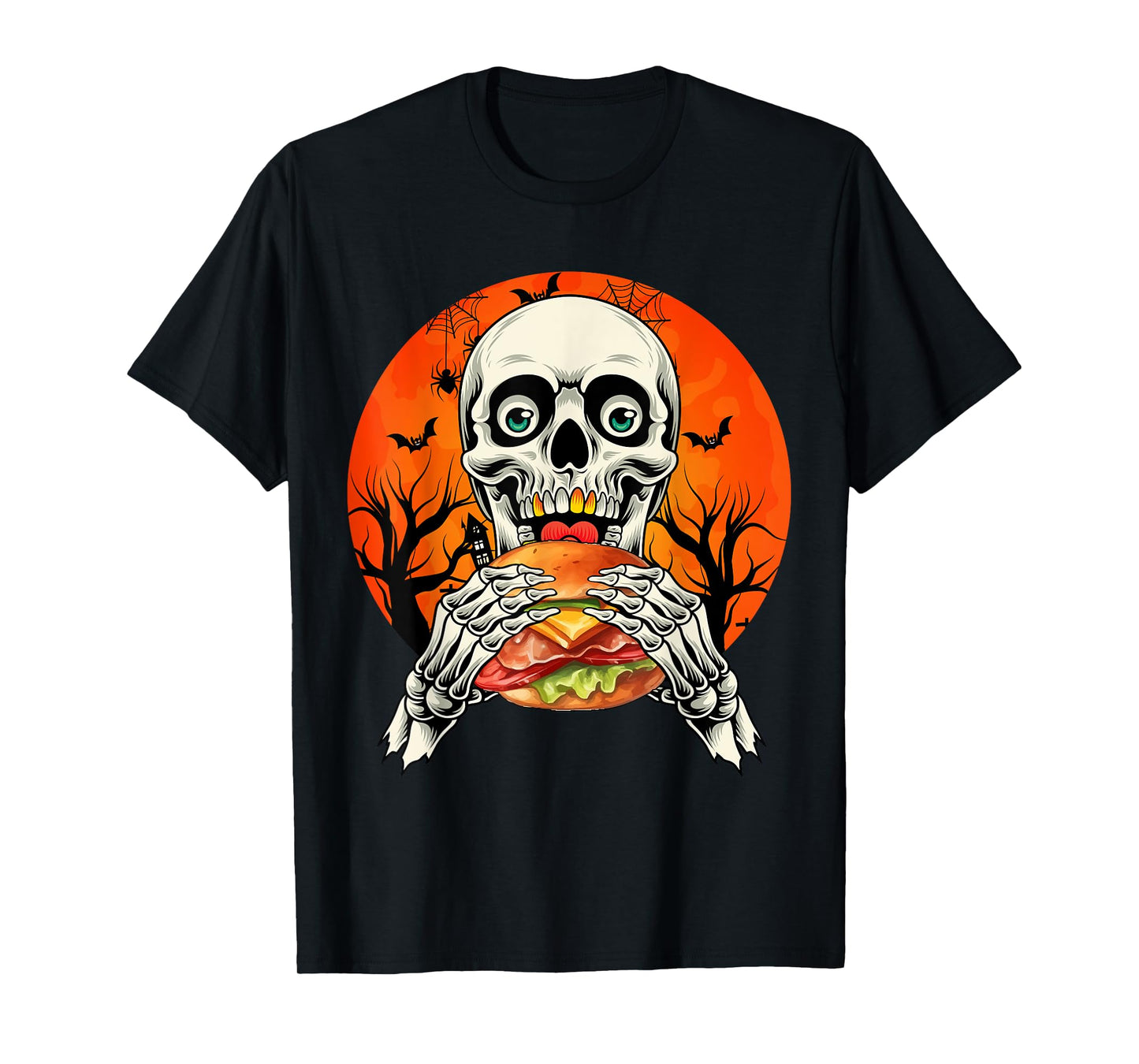 Horror Skeleton Eating Hamburger Halloween Costume Foodies T-Shirt
