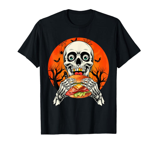 Horror Skeleton Eating Hamburger Halloween Costume Foodies T-Shirt