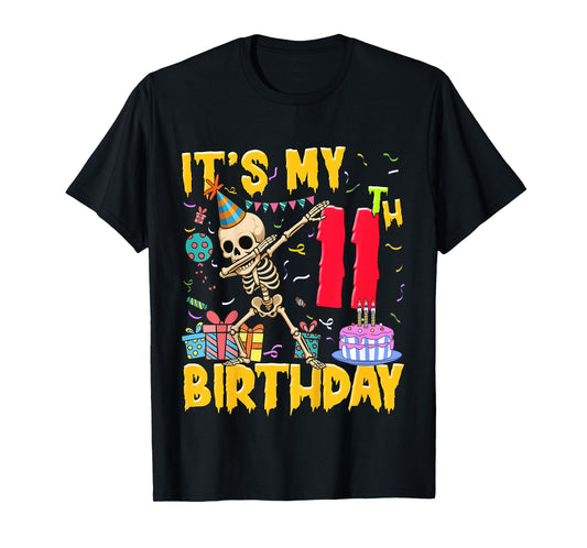 Kids It's My 11th Birthday Party Halloween Skeleton Birthday T-Shirt