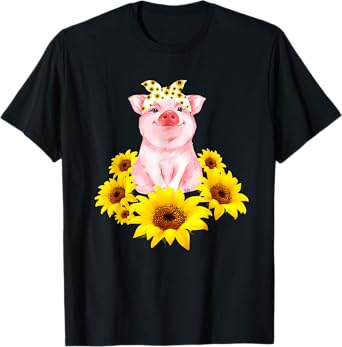 Cute Piggy With Sunflower Tiny Pig With Bandana T-Shirt