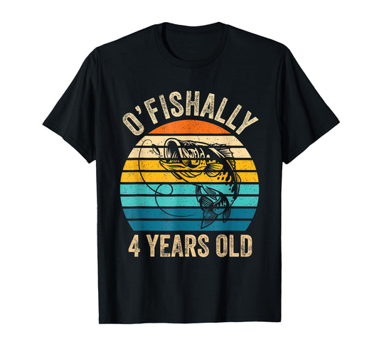 Ofishally 4 Year Old Shirt 4th Birthday Vintage Fishing T-Shirt