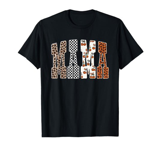 Retro Checkered Mama Pumpkin Leopard Fall Autumn Halloween T-Shirt