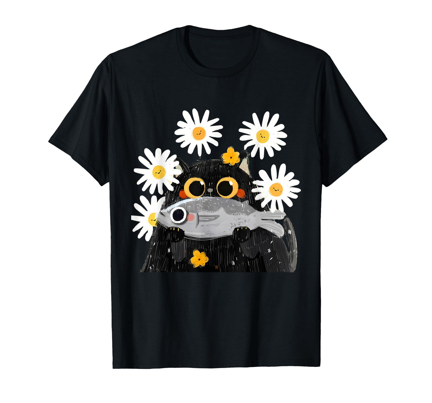 Cute Cat Holding Fish Cat Fish Lover Floral Cat Funny Kitty T-Shirt