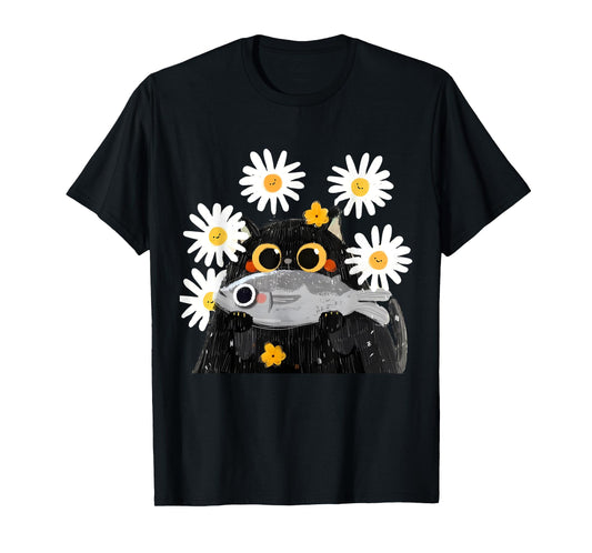 Cute Cat Holding Fish Cat Fish Lover Floral Cat Funny Kitty T-Shirt