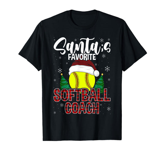 Funny Santa's Favorite Softball Coach Christmas Plaid Xmas T-Shirt