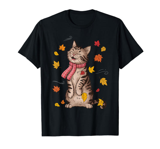 Cute Cat Autumn Fall Breeze Leaves Kitten T-Shirt