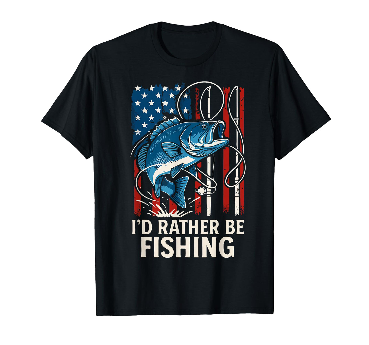 Youth Boy Id Rather Be Fishing Pole American Flag Bass Fish T-Shirt