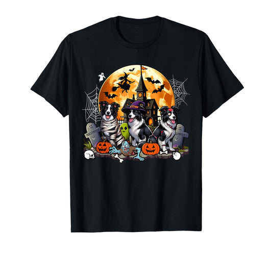 Three Halloween Border Collies As Horror Witch Mummy Zombie T-Shirt