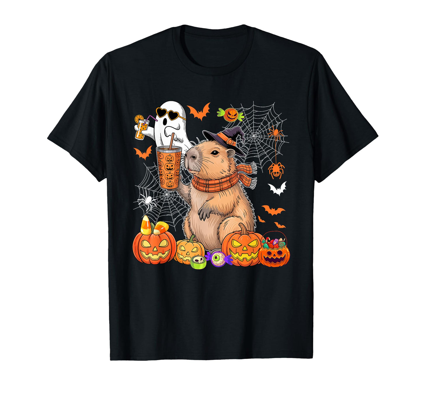 Capybara As Witch Drinking Coffee Halloween Cute Boo Ghost T-Shirt