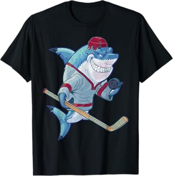 Hockey Shark With Stick Helmet Puck Funny Sharks Lover T-Shirt