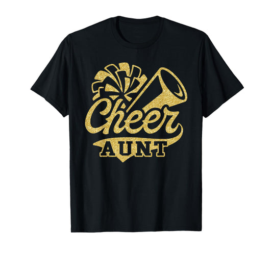 Cheer Aunt Biggest Fan Cheerleader Black Yellow Gold Pom Pom T-Shirt
