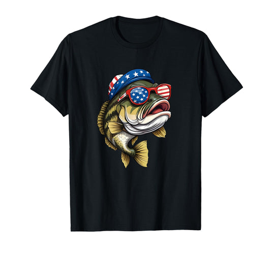 Bass Fish 4th Of July American US Flag Patriotic Fishing T-Shirt
