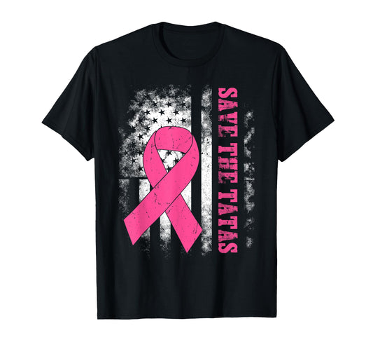 Save The Tatas Breast Cancer Awareness USA Flag Pink Ribbon T-Shirt