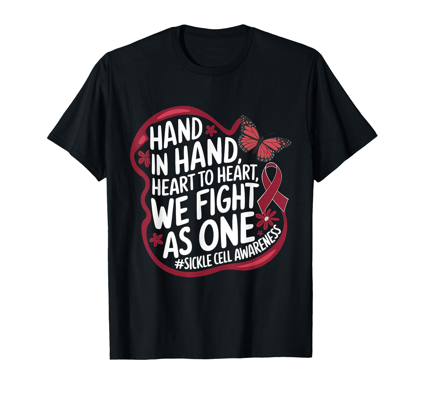 Sickle Cell Awareness Hand In Hand Burgundy Ribbon Anemia T-Shirt