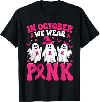 Groovy In October We Wear Pink Retro Halloween Breast Cancer T-Shirt