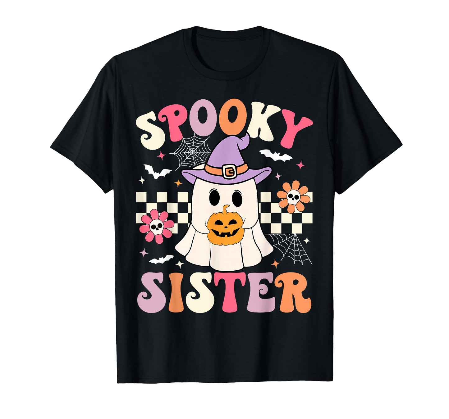 Groovy Spooky Sister Retro Ghost Holding Pumpkin Halloween T-Shirt