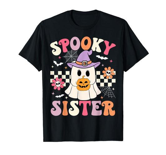Groovy Spooky Sister Retro Ghost Holding Pumpkin Halloween T-Shirt
