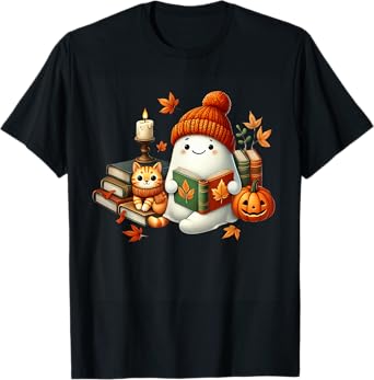 Cute Bookworm Ghost with Cat Trick or Treat Halloween Funny T-Shirt