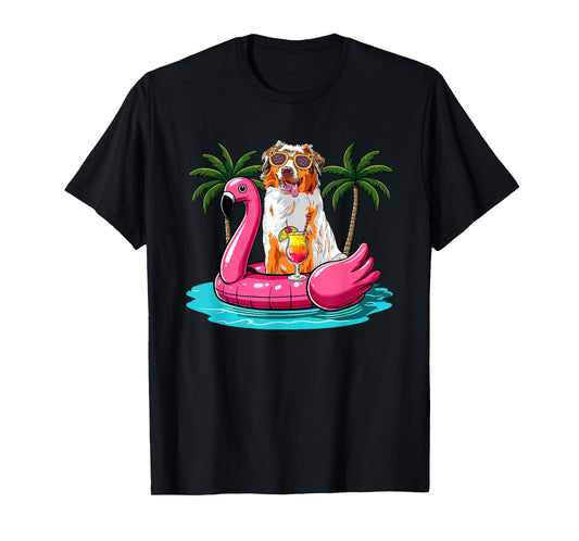 Australian Shepherd Sunglasses On Flamingo Cute Float Lover T-Shirt