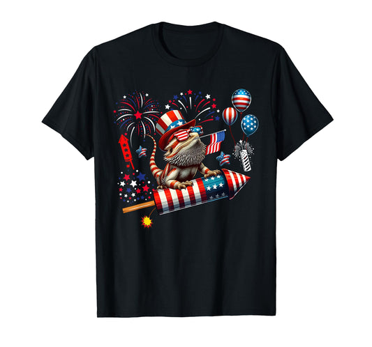 Bearded Dragon Riding Firecracker US Flag 4th Of July T-Shirt