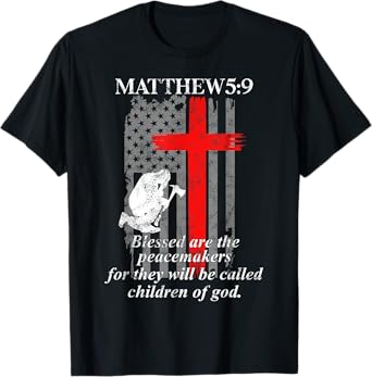 Thin Red Line Fireman Cross Bible Verse Firefighter USA Flag T-Shirt