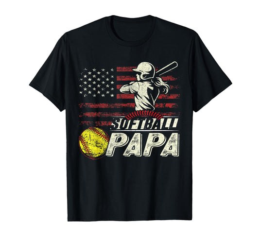 Softball Papa US Flag Gifts For Papa Patriotic Fathers Day T-Shirt