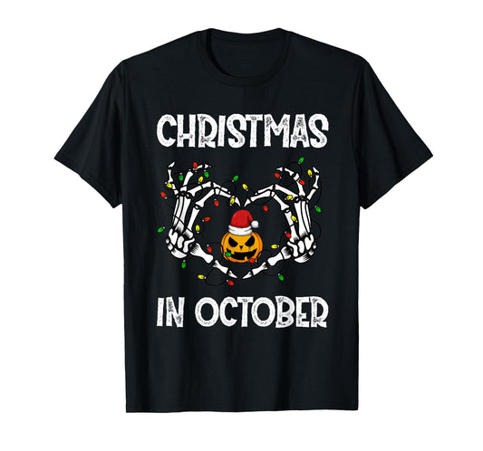 Christmas In October Skeleton Hands Pumpkin Santa Hat Funny T-Shirt