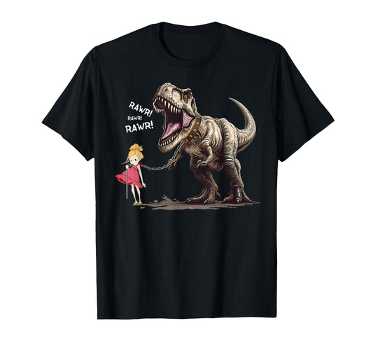 Cute T-Rex Dinosaur Pet on a Leach led by a Girl T-Shirt