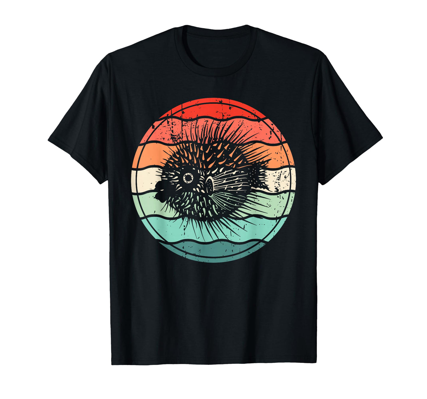 Sea Pufferfish Retro Sunset 70s Vintage Puffer Fish T-Shirt
