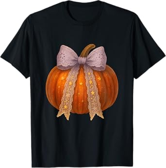 Coquette Pumpkin Stars Bow Fall Halloween Autumn Spooky Mama T-Shirt