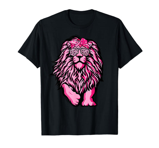 Lion Pink Bandana Ribbon Breast Cancer Awareness Warrior T-Shirt