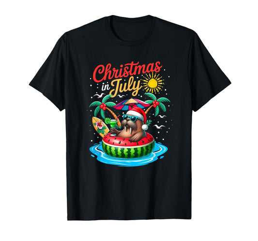 Christmas In July Santa Walrus Sunglasses Relaxing On Beach T-Shirt