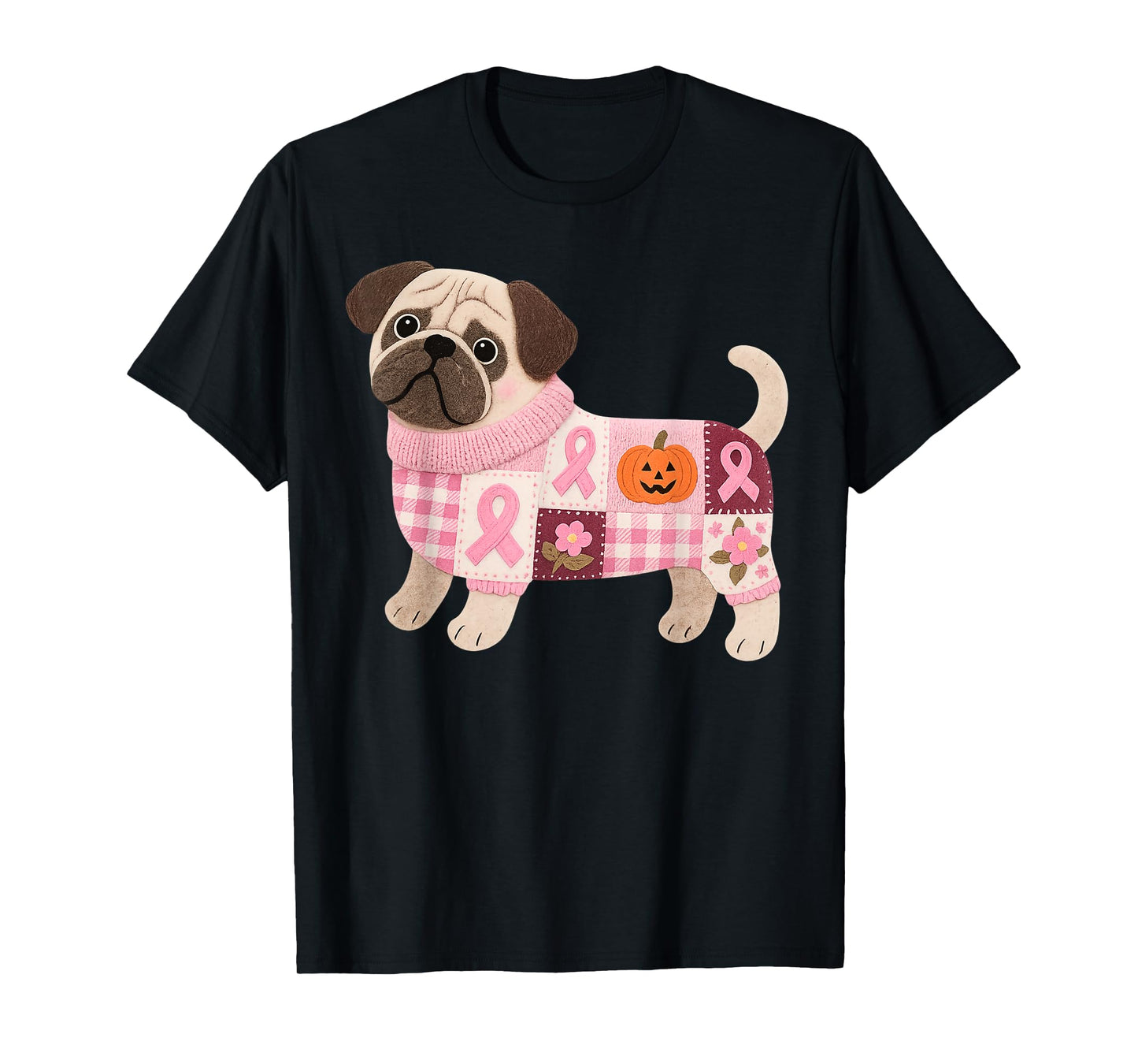 Pug Dog Pink Ribbon Breast Cancer Pug Pattern Felt Art T-Shirt