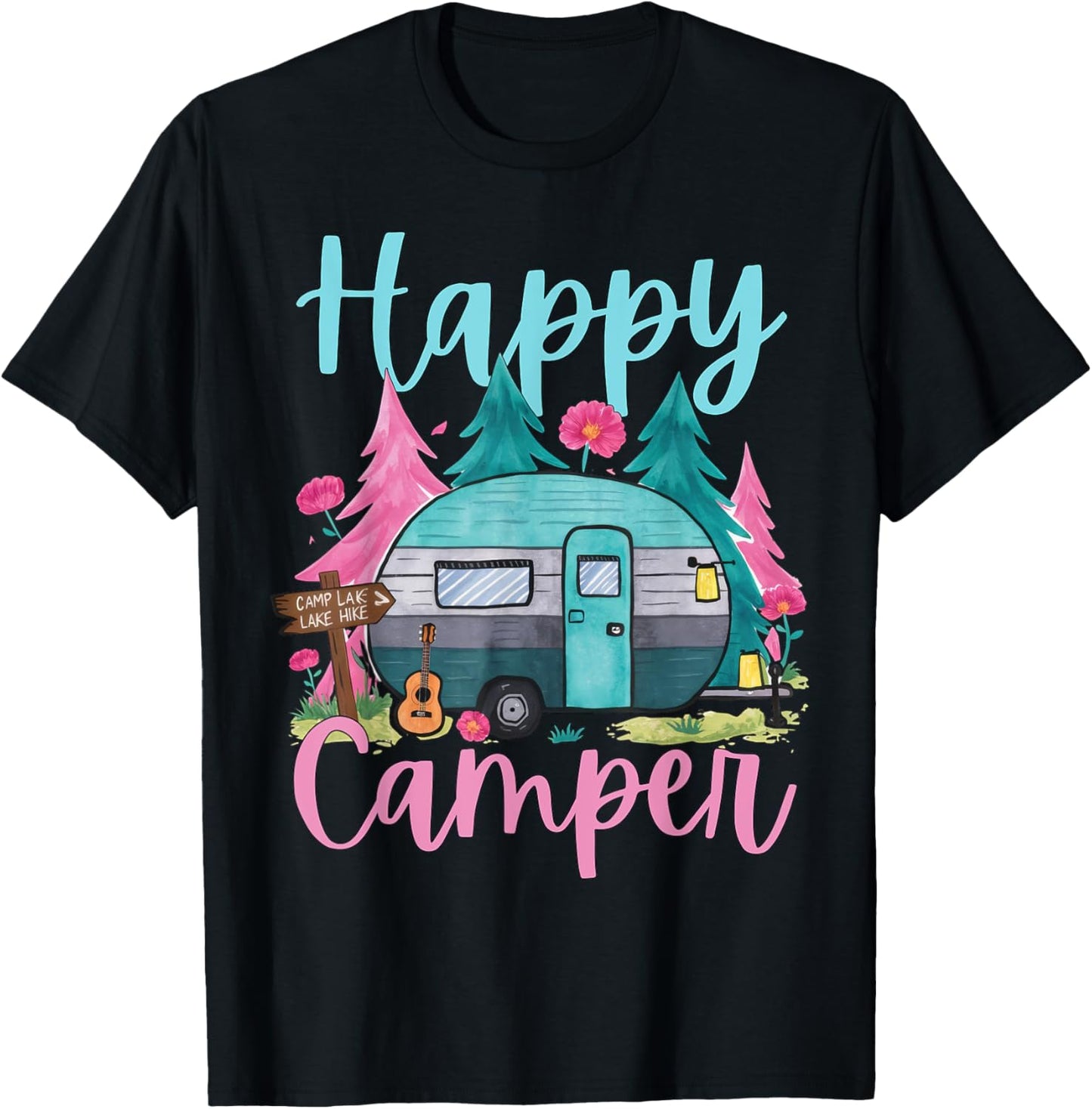 Funny Happy Camper Camping Apparel Trailer RV Kids Women T-Shirt