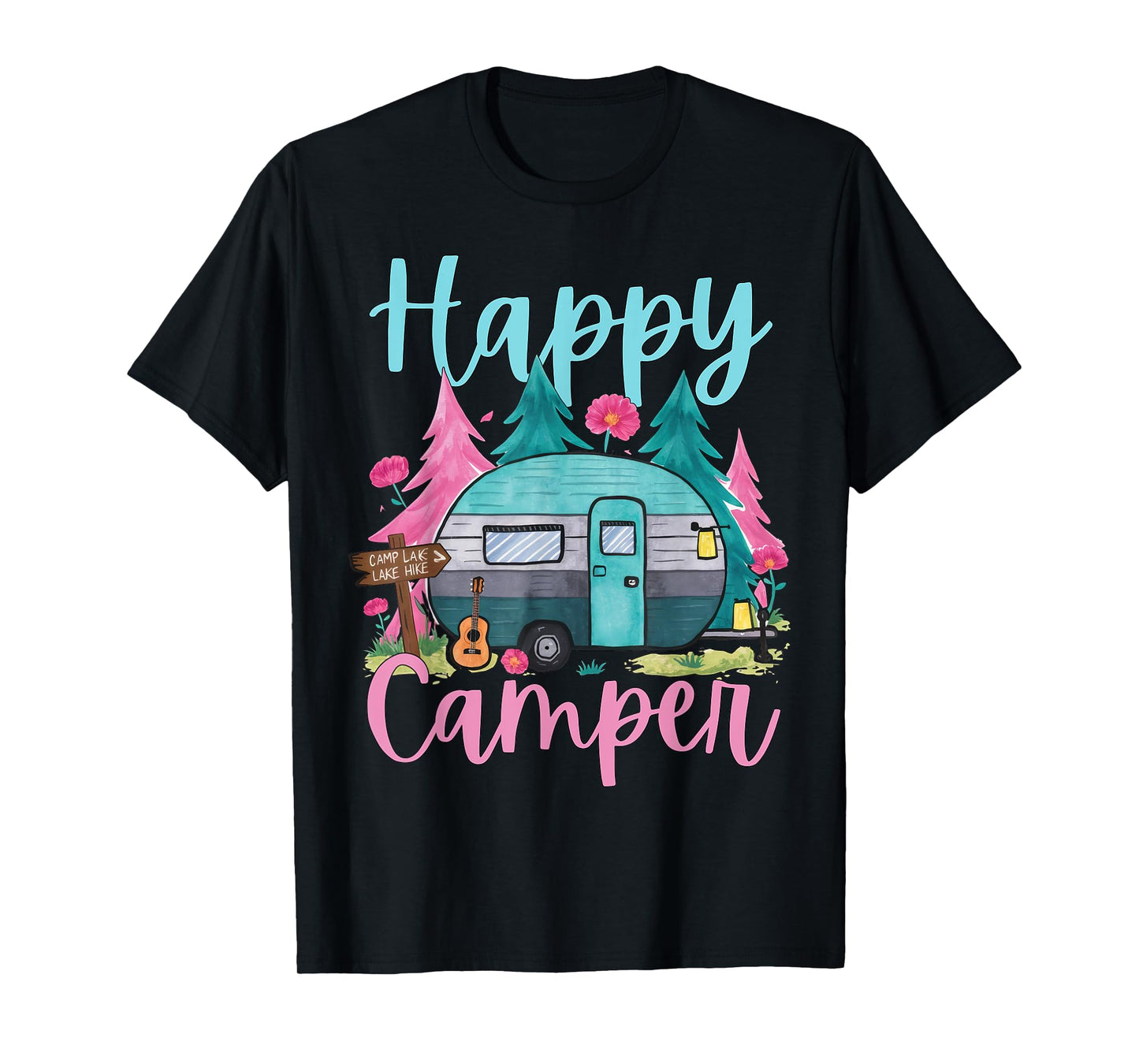 Funny Happy Camper Camping Apparel Trailer RV Kids Women T-Shirt