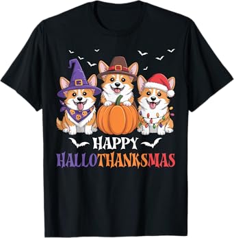 Happy Hallothanksmas Corgi Dogs Halloween Christmas Pumpkin T-Shirt