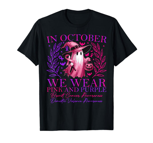 in October We Wear Pink and Purple Witch Ghost Pumpkin 2025 T-Shirt