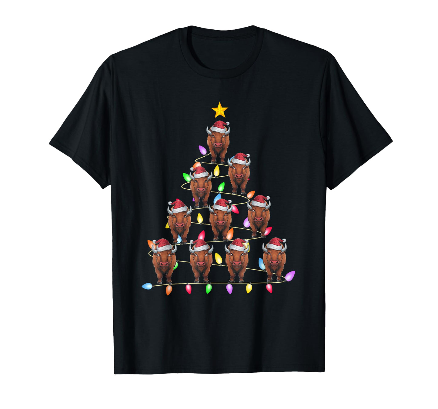 Christmas Tree Lights Men Women Santa Bison Xmas PJs T-Shirt