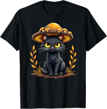 Creepy Black Cat With Mushroom Hat Halloween T-Shirt