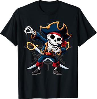 Dabbing Skeleton Pirate Halloween Kids Jolly Roger T-Shirt