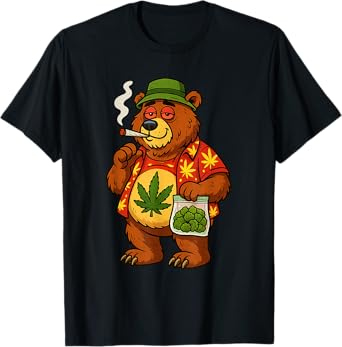 Grizzly Bear Pot Leaf 420 Marijuana Weed Cannabis Smoking T-Shirt