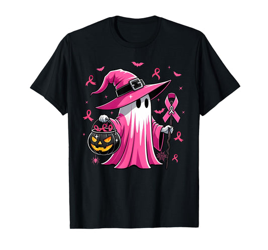 Halloween Pink Ghost Witch Breast Cancer Awareness Women T-Shirt