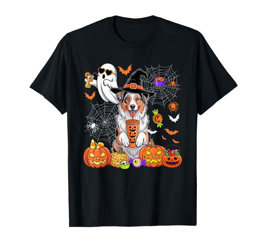 Aussie As Witch Drinking Coffee Halloween Boo Ghost T-Shirt