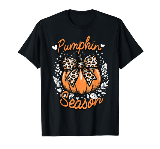 Coquette Bow Pumpkin Season Autumn Fall Leaves Thanksgiving T-Shirt