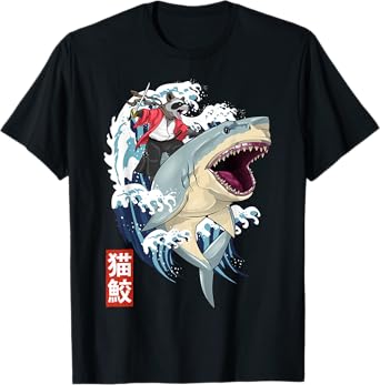 Retro Japanese Samurai Raccoon Shark Trash Vintage Kanagawa T-Shirt
