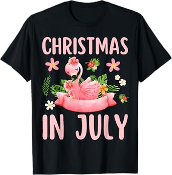 Christmas In July Shirts for Women Pink Flamingo T-Shirt