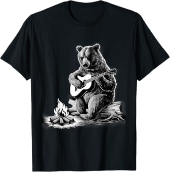 Bear Playing Guitar Rock on Campfire Bear T-Shirt