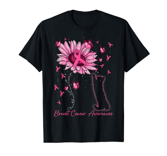 Faith Love Cure Breast Cancer Black Cat & Sunflower Women T-Shirt