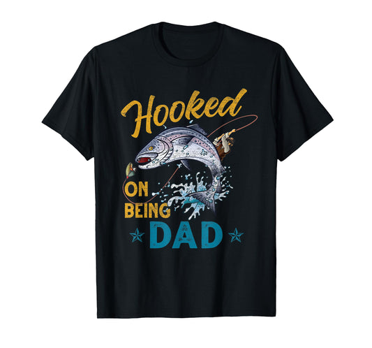 Mens Vintage Hooked On Being Dad Funny Fishing Fathers Day T-Shirt